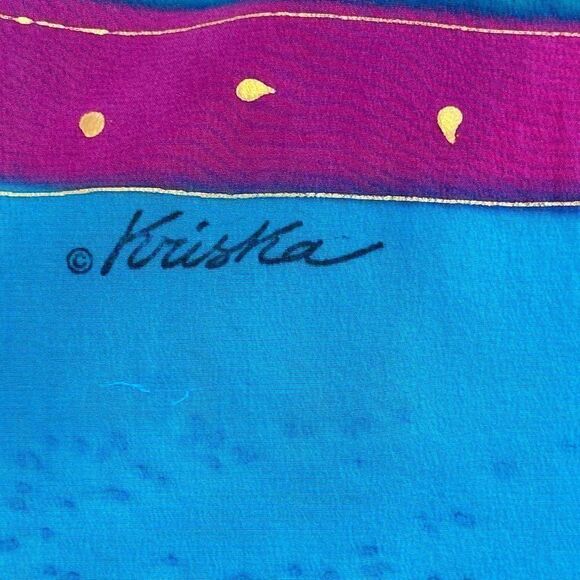Vintage hand painted silk jewel tones rectangular scarf signed - Picture 4 of 6